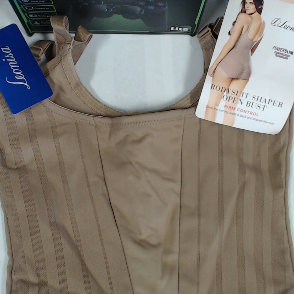 leonisa wms sz medium firm control bodysuit shaper open bust brown B1-0004